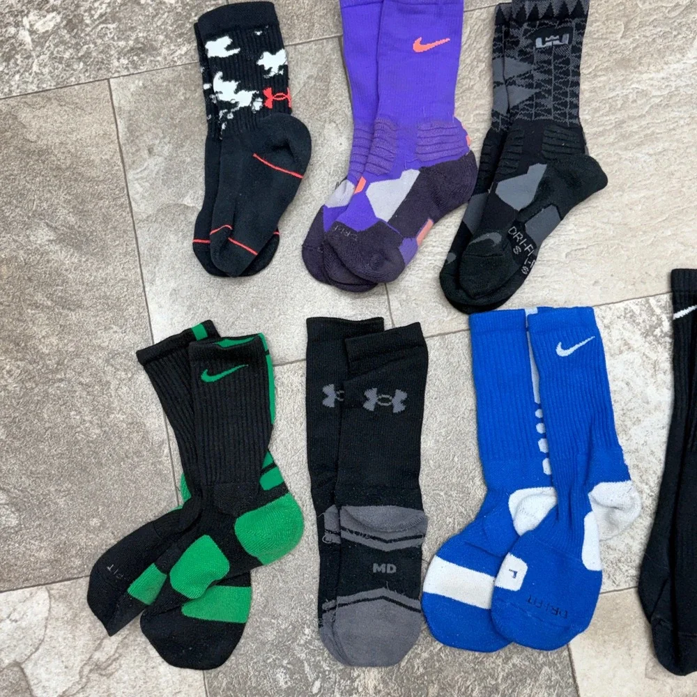 8 pair of boys athletic basketball socks Nike Elite Under Armour. Small & medium